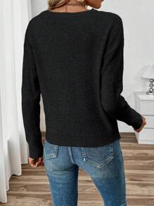 Chiquease Autumn/Winter Loose Fit Crew Neck Slouchy Sweater Knit Pullover Fall - Black - View 2