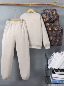 Conjunto de 3 piezas para niño preadolescente: Sudadera de cuello redondo con parches de manga larga + Chaleco con capucha estampado completo + Pantalón de chándal de cintura elástica