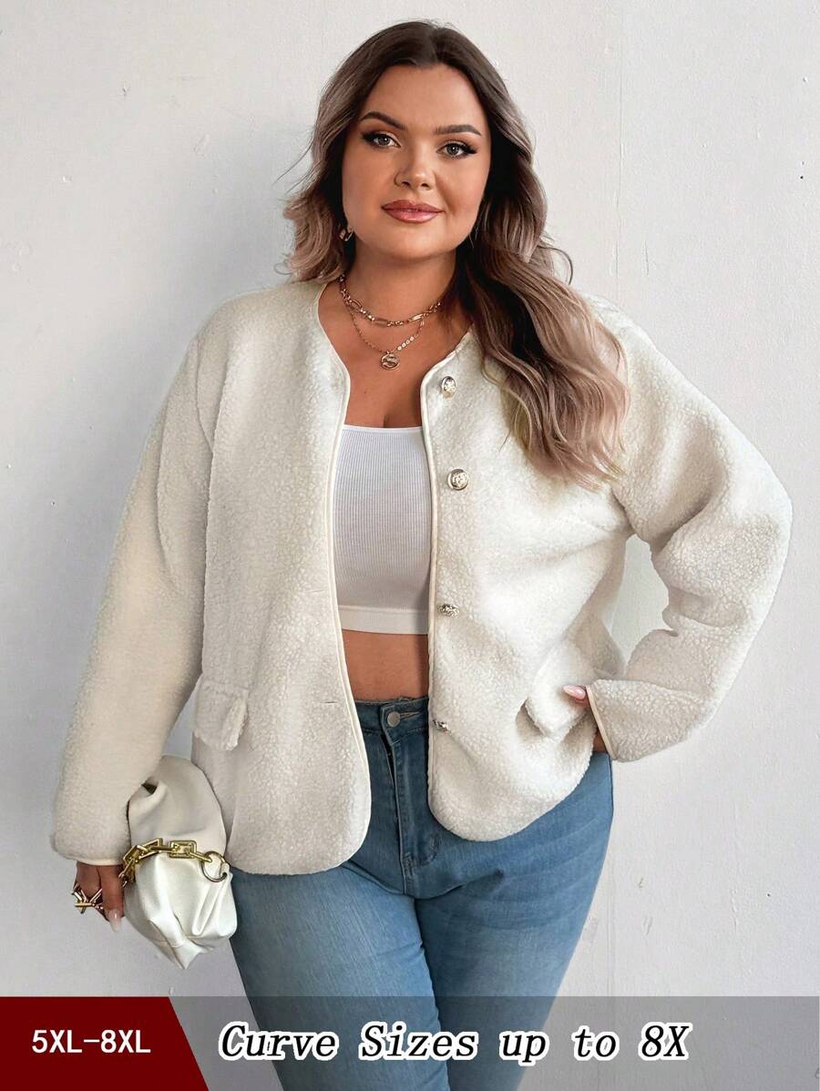 SHEIN CURVE+ Plus Size Women Casual Fluffy Short Jacket, Fashion Versatile Stylish Coat, White, Autumn/Winter