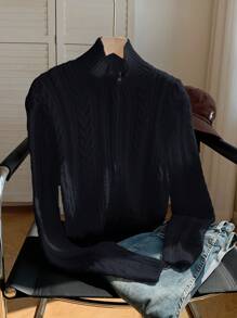 Muchica Áo len cardigan dài tay cổ đứng đan gân màu trơn cho nữ - Màu xanh hải quân - Xem 5