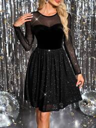 Gownix Kontrastierendes Paillettenkleid mit langen Ärmeln in Midi-Länge, Spitzeneinsätze & glänzender Samt mit Foliendruck, Party-/Abendkleid für Frauen, Schwarz