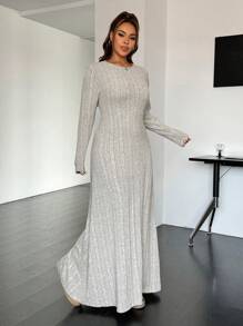 SHEIN EZwear 大码女式圆领长袖罗纹休闲长款毛衣连衣裙，冬季保暖 - 灰色 - 查看 5