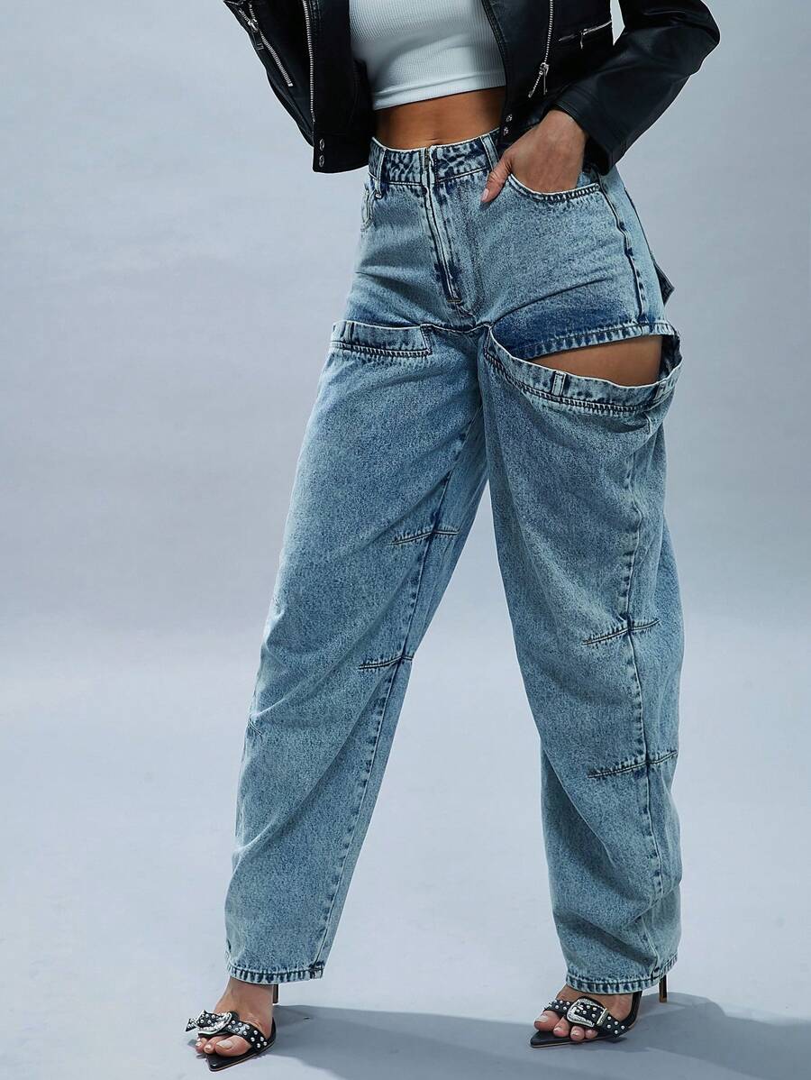Denimoi Adjustable Snaps Cut Out Jeans Baggy Jeans Relaxed Fit Jeans Denim - Light Wash - View 1