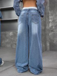 SHEIN Tienermeisje Y2K Blauwe Denim Thermische Gevoerde Kleur Blokkerende Tailleband Wijde Pijpen Broek, Herfst/Winter, Meisjes Herfst En Winterkleding, Coole Outfit/Meisjes Thanksgiving Outfit