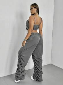 Maweii Conjunto informal de 2 piezas de talla grande con top de tirantes finos de unicolor y pantalones largos