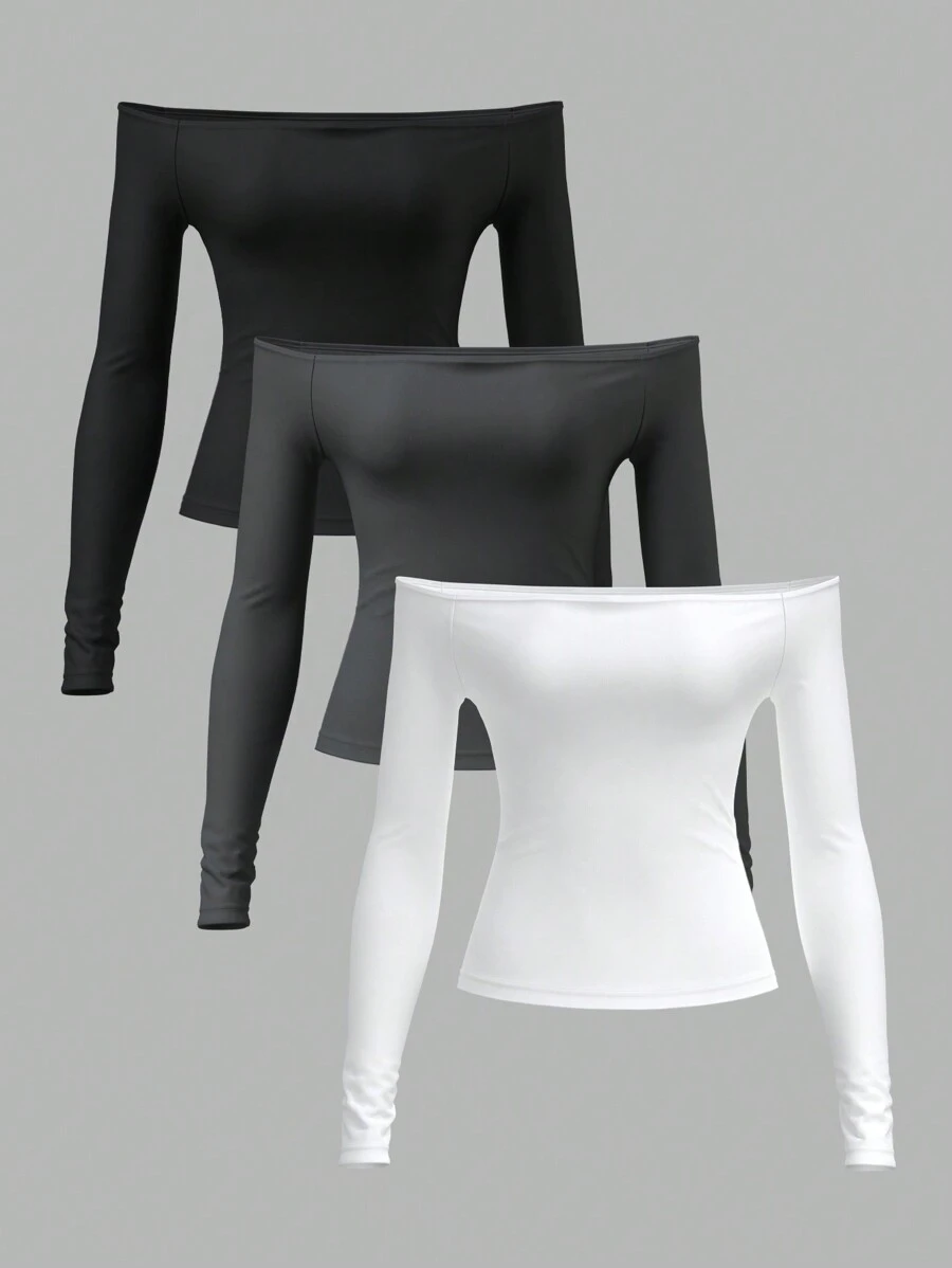 SHEIN BASICS 3 件套休闲纯色针织长袖露肩修身女上衣，舒适别致，日常通勤，修身百搭 - 彩色 - 查看 1