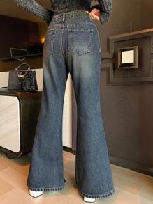 DAZY Women Rhinestone Pocket Casual Versatile Flare Leg Jeans - Dark Wash - View 4