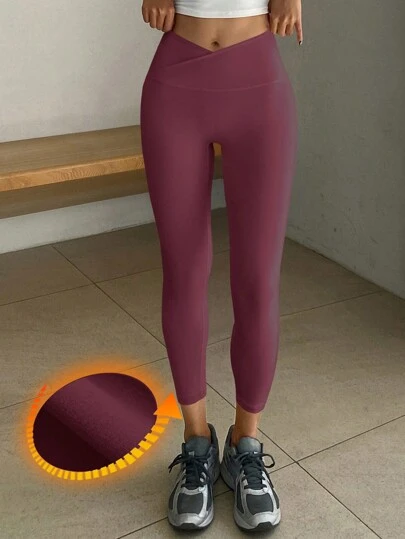 DAZY 女式纯色保暖内衬松紧腰休闲紧身裤秋季女式羊毛紧身裤