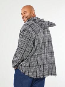 Manfinity VCAY 大码男士宽松休闲黑白格子长袖连帽休闲外出拼色夹克，适合秋冬送给朋友、丈夫、男朋友的礼物