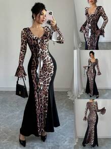 Chiquease Robe longue pour femme à imprimé léopard, décolleté en V, volants, manches évasées, nœud papillon et ourlet sirène. Tenue maxi pour femme, adaptée à l'automne et au printemps