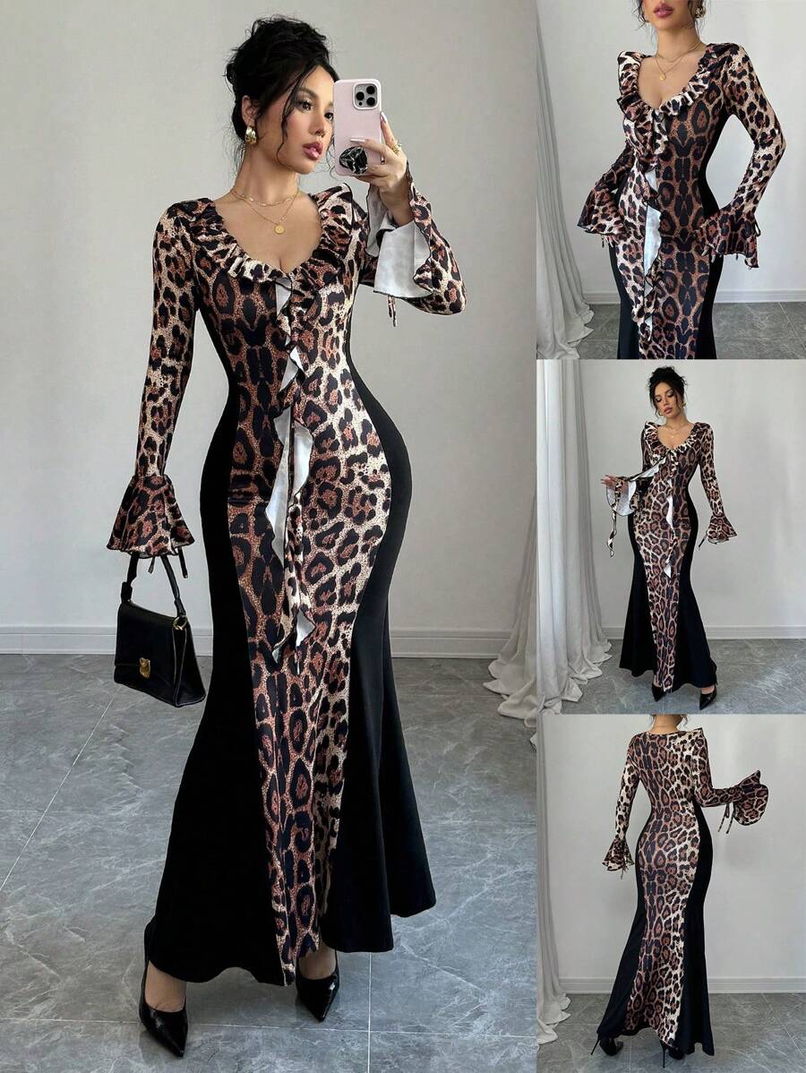 Chiquease Robe longue pour femme à imprimé léopard, décolleté en V, volants, manches évasées, nœud papillon et ourlet sirène. Tenue maxi pour femme, adaptée à l'automne et au printemps