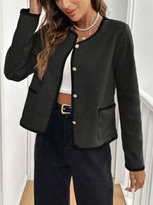 SHEIN Frenchy Contrast Trim Button Front Pocket Long Sleeve Lightweight Jacket - Dark Grey - View 3