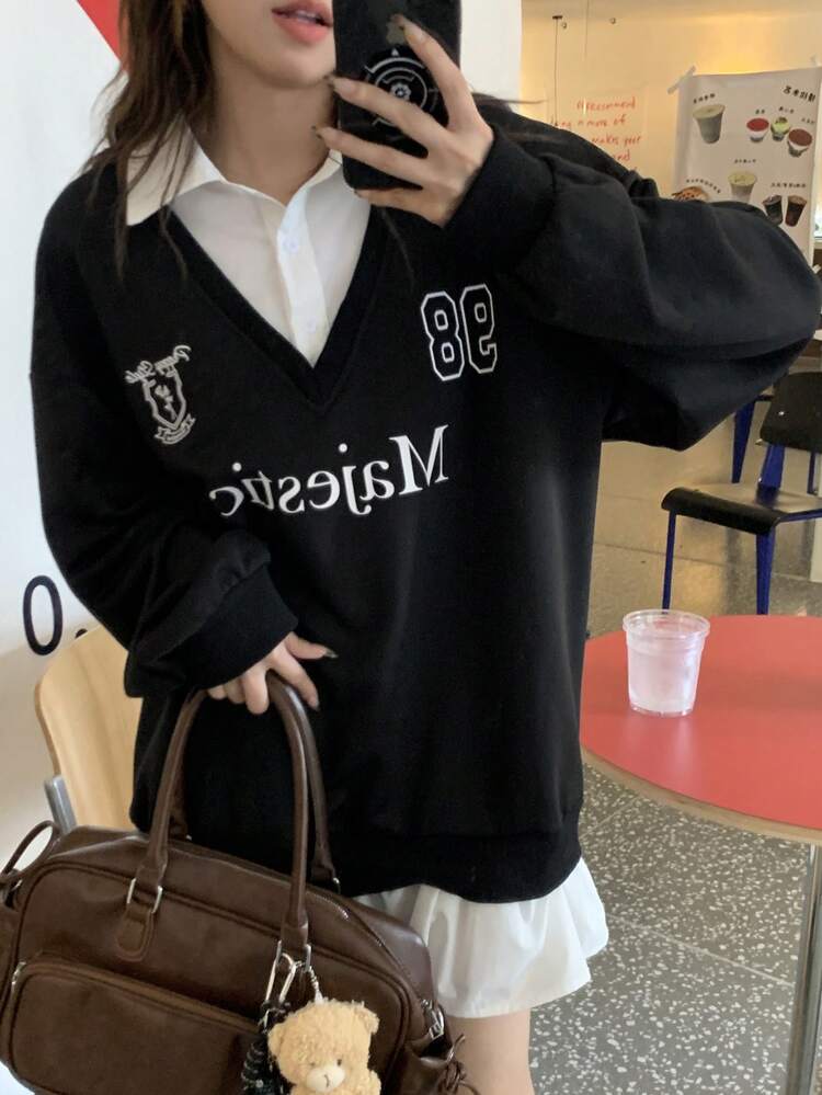 Women's 2 In 1 Shirt Collar Decor Sweatshirt,Fall Clothes