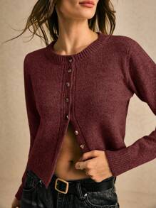 Poéselle 秋冬女士圆领长袖单排扣休闲短款羊毛针织厚开衫、短款套头衫、可爱套头衫、秋季女装、外出上衣、商务休闲女士、秋季毛衣、办公室装、基本款毛衣 - 酒紅色 - 查看 2