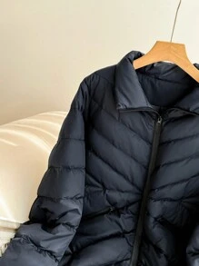 SHEIN Frenchy 大码女式纯色拉链长袖夹棉外套，冬季 - 藍色 - 查看 4