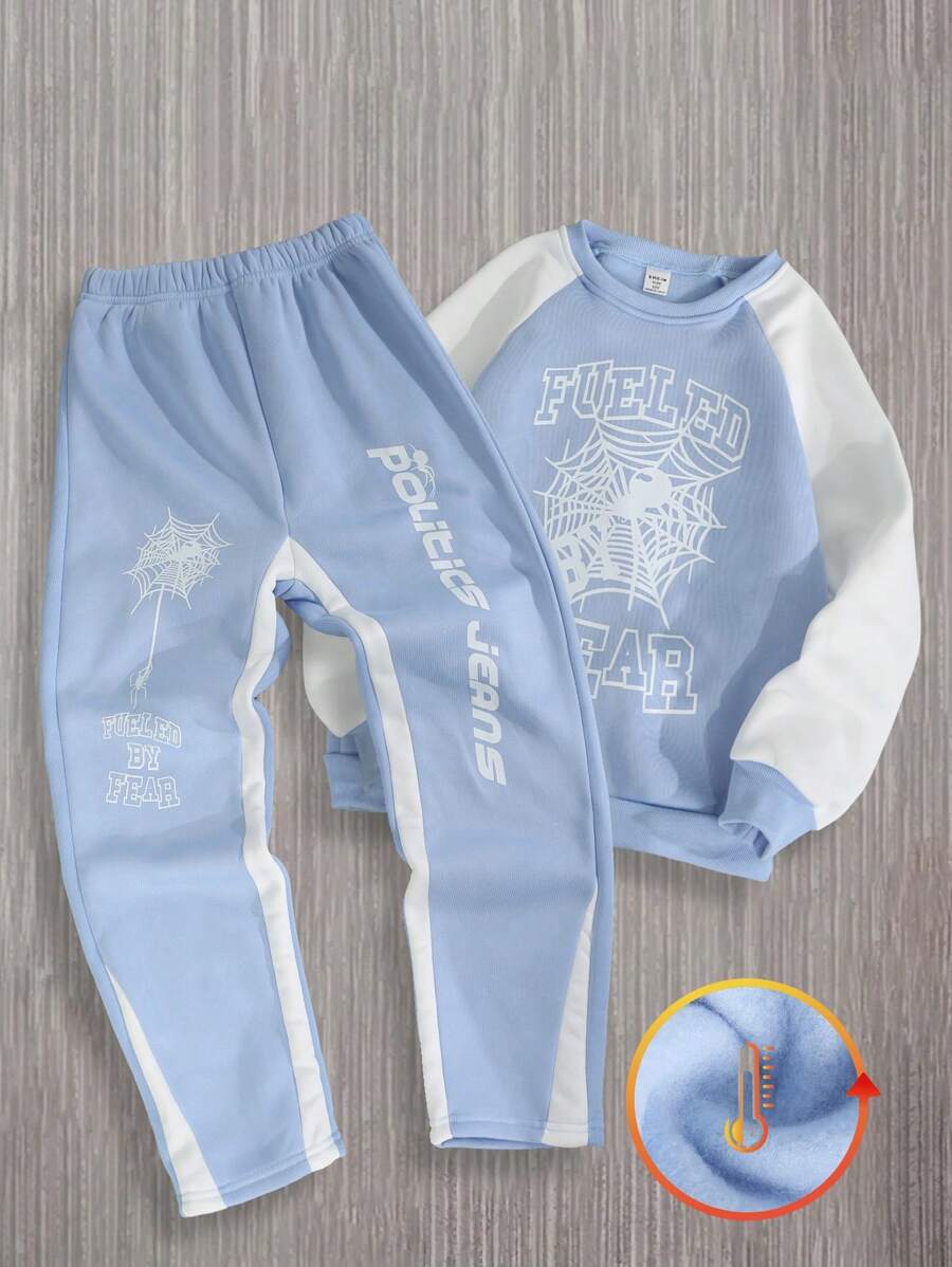 SHEIN Tween-Jungen 2-teiliges Set mit Streetstyle-Buchstaben- und Spinnen-Print im Farbblock-Design mit Rundhalsausschnitt und Thermo-gefütterter Kapuzenjacke und Jogginghose, lässiges Sport-Outfit - Blau - Übersicht 1
