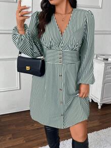 SHEIN Frenchy Plus Size Striped Short Casual Long Sleeve Dress For Women
