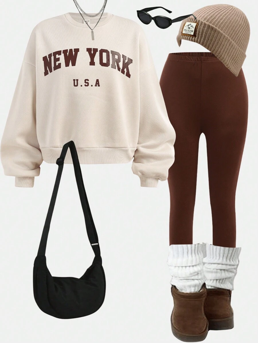 SHEIN Leap Crew 青少年女孩 2 件/套装 杏色棕色，休闲运动/百搭/外出/针织英文口号印花宽松运动衫和紧身裤套装/运动服