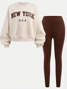 SHEIN Leap Crew 青少年女孩 2 件/套装 杏色棕色，休闲运动/百搭/外出/针织英文口号印花宽松运动衫和紧身裤套装/运动服