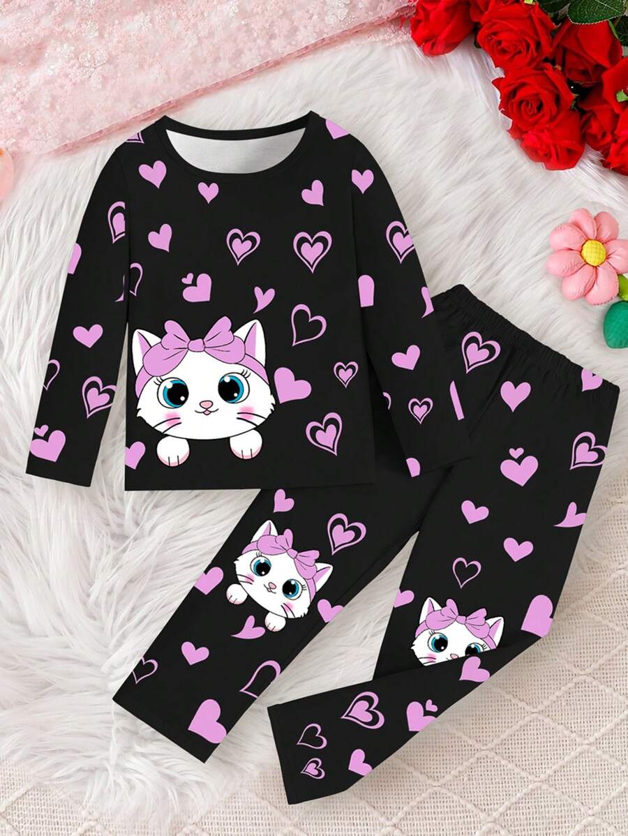 SHEIN 2 件装少女可爱猫咪印花优雅黑色爱心图案长袖上衣和宽松长裤休闲休闲套装 - 黑色 - 查看 1