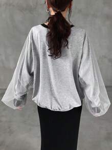 FRIFUL Women Mesh Contrast Loose Batwing Sleeve Round Neck T-Shirt - Grey - View 6