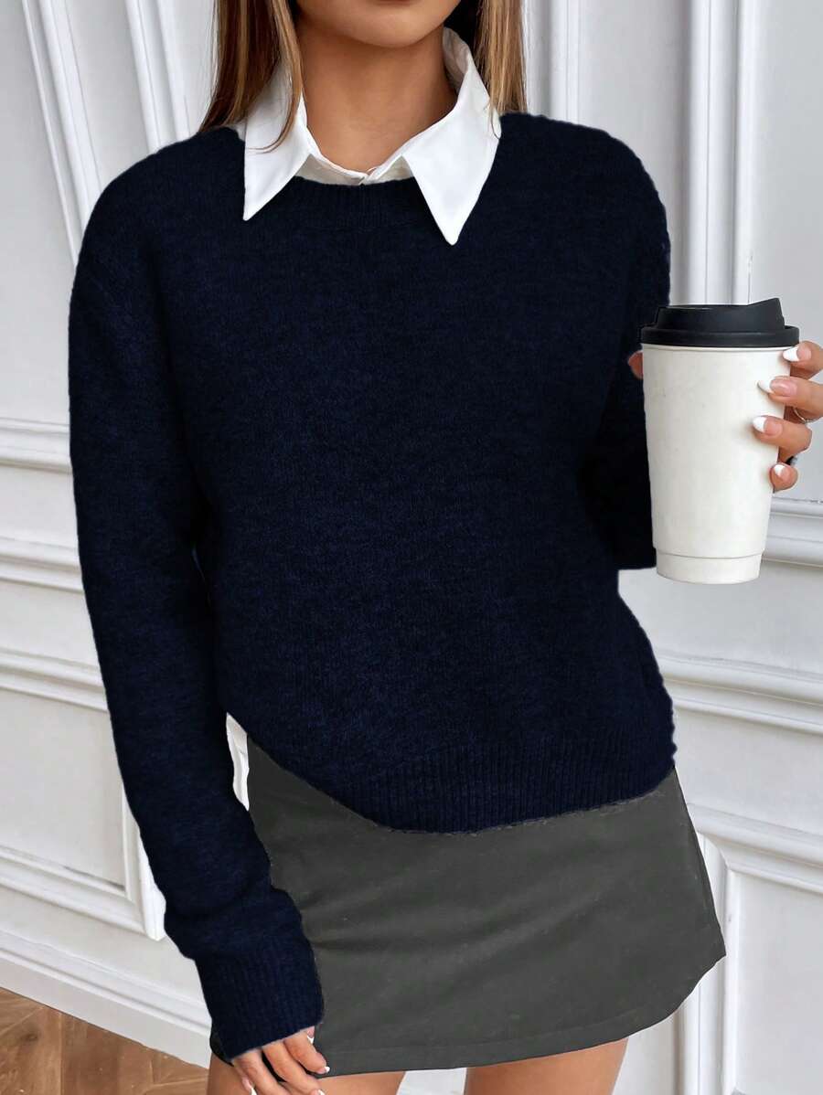 SHEIN PariChic Relaxed Solid Color Crew Neck Knit Long Sleeve Sweater Knit Pullover Fall Winter - Navy Blue - View 1