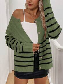 SHEIN LUNE Nowy luźny dzianinowy kardigan w paski z okrągłym dekoltem, miękki i wygodny luźny sweter typu pullover