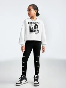 SHEIN 2pcs/Set Girls' White Graphic Letter Printed Top - Black and White - View 7