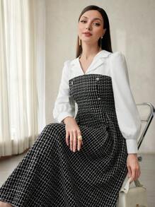 Modelyn 1 件女式拼色 V 领休闲/工作/派对中长连衣裙，春秋季长款女士装长款晚礼服 - 黑與白 - 查看 5