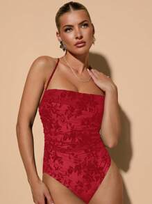 SHEIN BAE 甜美假日约会网眼全身花卉印花植绒细肩带领口垂坠女士紧身衣、俱乐部女士服装、万圣节服装 - 紅色 - 查看 5