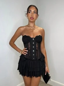 SHEIN BAE Vestido Curto de Festa de Ano Novo Feminino, Vestido de Ano Novo Feminino, Conjunto de Ano Novo Feminino, Vestido de Festa de Ano Novo Feminino, Vestido Mini Corpete Preto com Bainha de Folhas de Lótus Multilaminada, Renda Preta e Ateliê Elegante para Mulheres - Preto - Visão 4