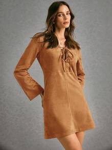 Poéselle 女士纯色系带休闲百搭长袖短裙 - 棕色 - 查看 2