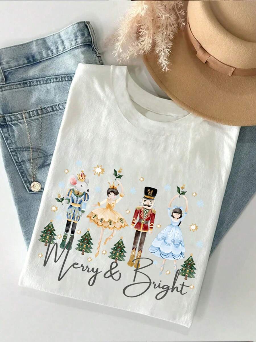 Calvaya 加大码圣诞胡桃夹子印花 T 恤，节日彩色水彩芭蕾女孩派对 T 恤，节日家庭冬季礼物女士图案 T 恤女式上衣 - 白色 - 查看 1