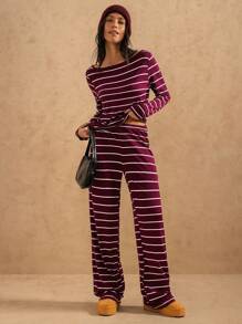Forever 21 Pantalones holgados de punto de pierna ancha tipo palazzo en color vino tinto, de rayas anchas estampadas, efecto estilizador, versátiles, para uso casual en el hogar, nuevos para otoño/invierno - Burdeos - Ver 1