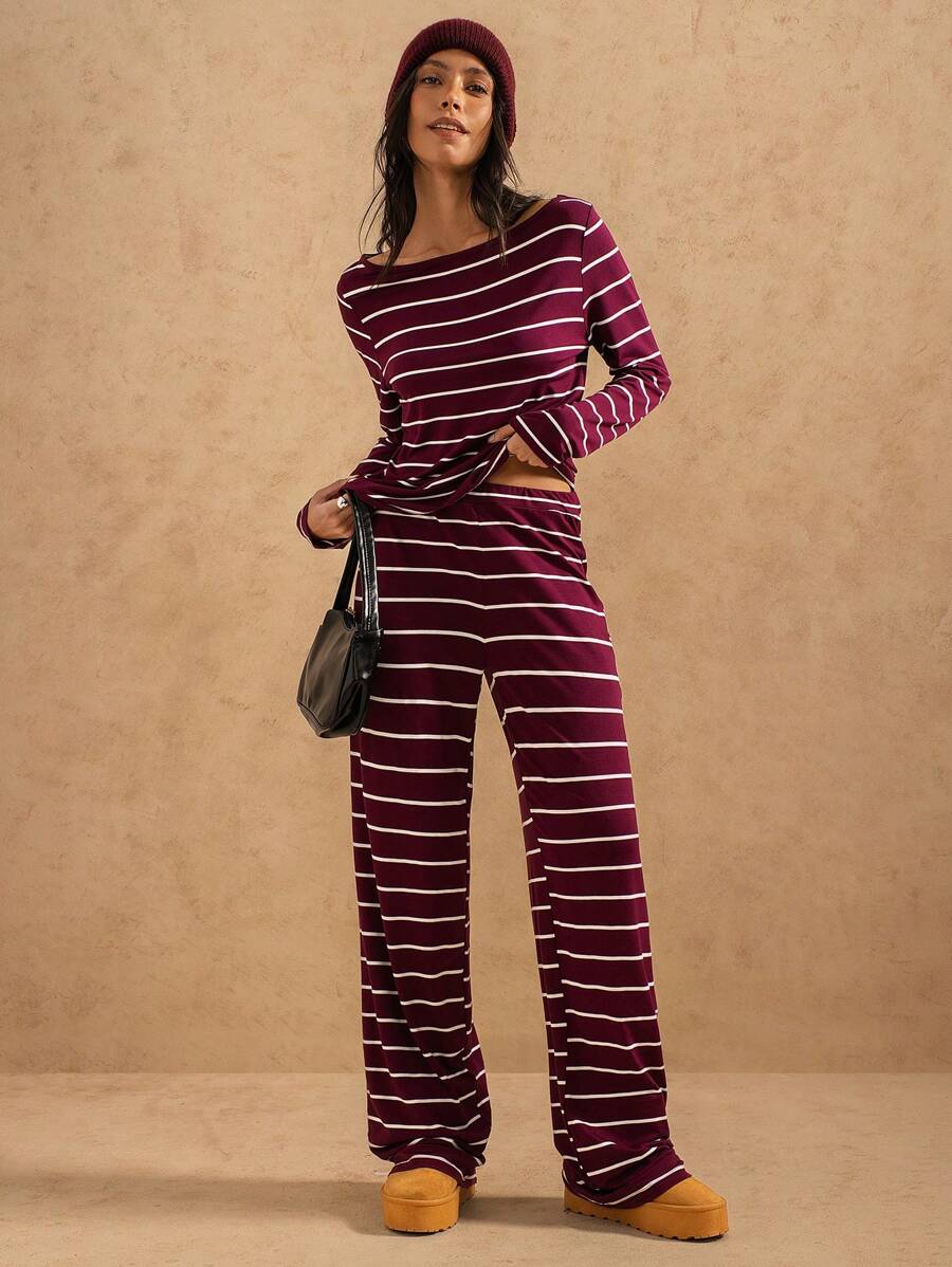 Forever 21 Pantalones holgados de punto de pierna ancha tipo palazzo en color vino tinto, de rayas anchas estampadas, efecto estilizador, versátiles, para uso casual en el hogar, nuevos para otoño/invierno - Burdeos - Ver 1