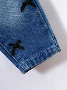 SHEIN Quần Harem denim màu xanh đính nơ đen dễ thương cho bé gái - Rửa tối - Xem 3