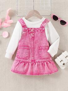 SHEIN New Cute Ruffle Adjustable Denim Suspender Dress For Baby & Toddler Girls - Pink - View 1
