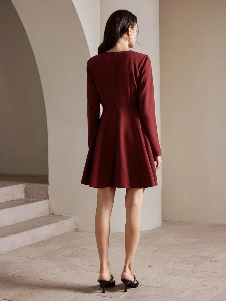 Women's Elegant Lace Patchwork Rhinestone Long Sleeve Party Dress, Autumn Burgundy Color Women Outfit