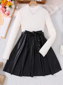 SHEIN Leap Crew Contrast Color PU Leather Belt Classic Versatile Fashion Dress For Teen Girls, Bow Dress, Fluffy Dress, Fashionable Dress, Teen Dresses, Teen Clothes, Girls Black Dress, Leather - Black and White - View 6