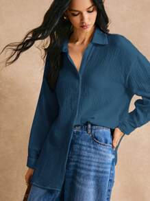 Poéselle 100% Cotton Drop Shoulder Solid Longline Shirt Summer Tops Vacation Clothes - Teal Blue - View 2