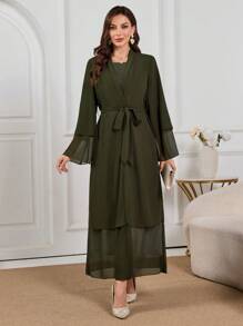 Al Najma Áo choàng dài Maxi tay loe màu trơn thanh lịch kiểu Ả Rập cho nữ - màu xanh lá - Xem 3