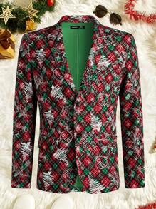 Manfinity VCAY 2pcs Men's Christmas Tree Print Knit Shawl Collar Open Front Casual Blazer And Straight Leg Casual Suit Pants Set, Suitable For Autumn Christmas Party