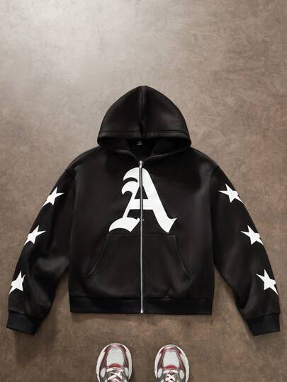 Manfinity NXTstreet Sweat-shirt à capuche zippé décontracté pour hommes avec imprimé étoile et lettre, Sweat-shirt à capuche graphique automne/hiver à épaules tombantes pour sortir, pour mari, cadeau pour petit ami