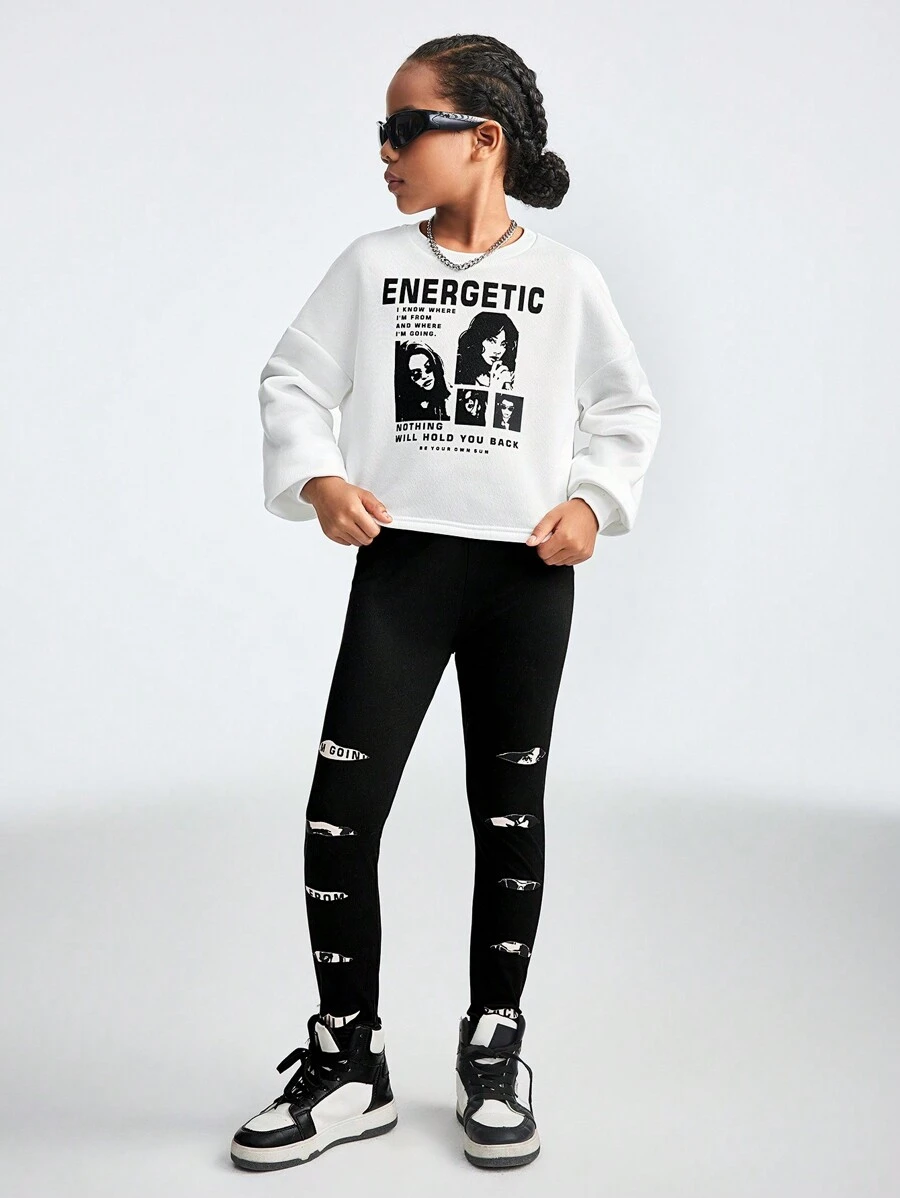 SHEIN 2pcs/Set Girls' White Graphic Letter Printed Top - Black and White - View 1