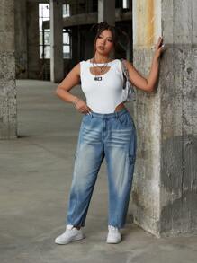 SHEIN ICON Distressed Multi Pocket Waisted Barrel Jeans - Medium Wash - View 6