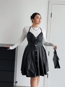 Flirla 时尚派对性感 PU 皮革露背吊带修身迷你连衣裙，配金色纽扣 - 黑色 - 查看 7