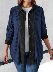 EMERY ROSE Plus Size Women's Fuzzy Black Spliced Shirt Collar Fall Jacket,Winter Clothes For Women - Blue - View 1
