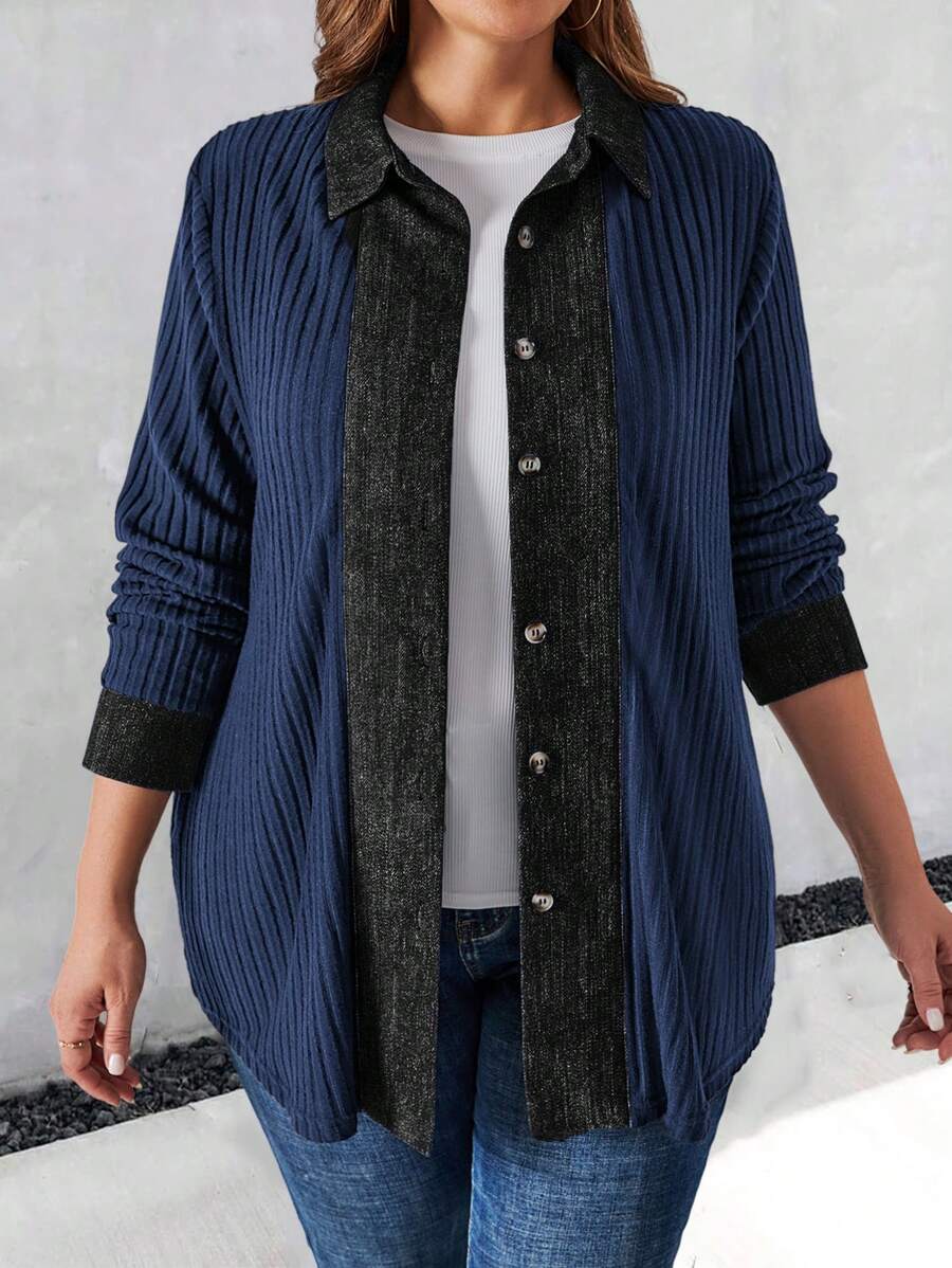 EMERY ROSE Plus Size Women's Fuzzy Black Spliced Shirt Collar Fall Jacket,Winter Clothes For Women - Blue - View 1