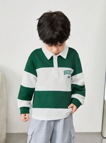 SHEIN 男童宽松休闲撞色衬衫领字母印花 Polo 衫，适合返校、校服穿着，保暖舒适，适合返校、日常穿着、圣诞节、生日派对等场合，基础百搭。 - 彩色 - 查看 5