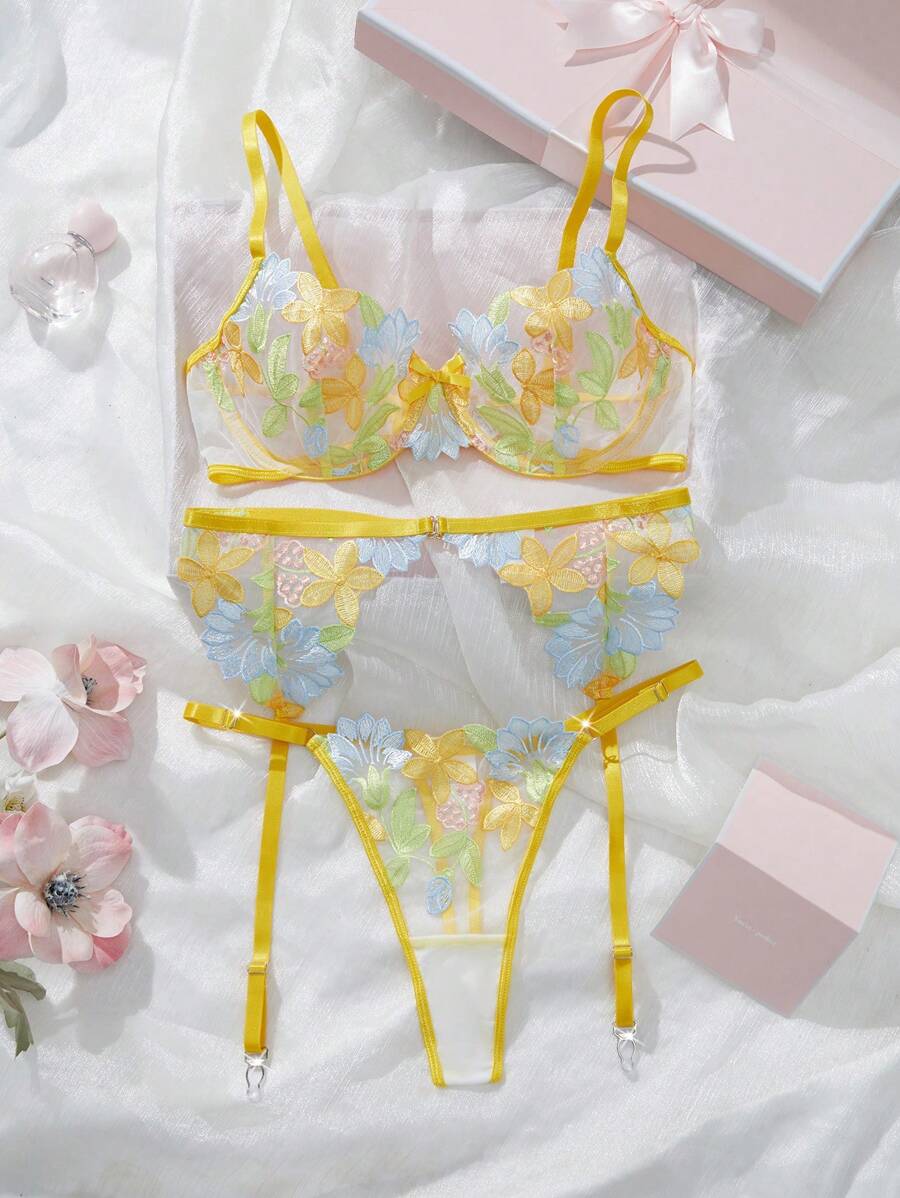 3 件套女士黄莲花性感内衣套装 - 彩色 - 查看 1